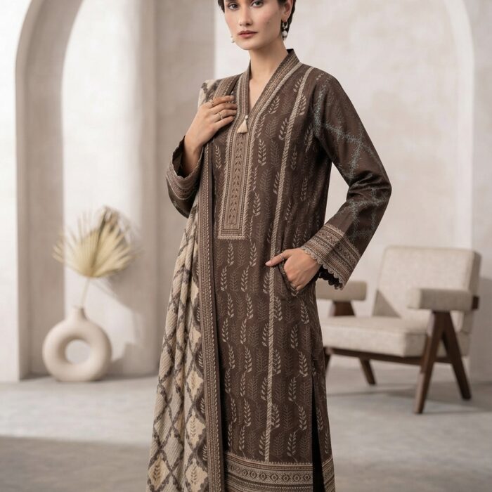 3pc Unstitched Printed Lawn - Coffee Brown