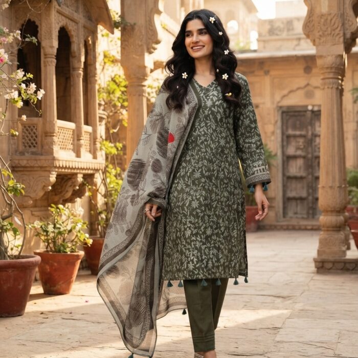 3pc Unstitched Printed Lawn - Olive Green