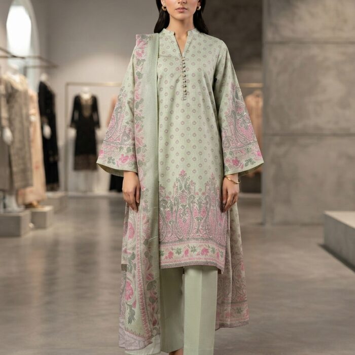 3pc Unstitched Printed Lawn - Sage Green & Pink