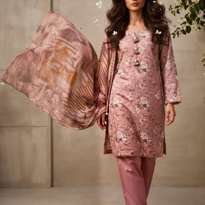 3pc Unstitched Printed Lawn - Dusty Rose