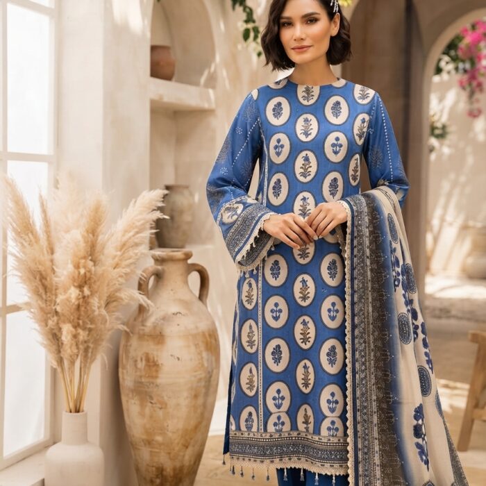 Blue Floral Print 3-Piece Unstitched Cotton Suit