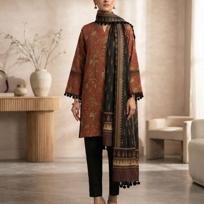 3pc Unstitched Printed Lawn - Rust & Black